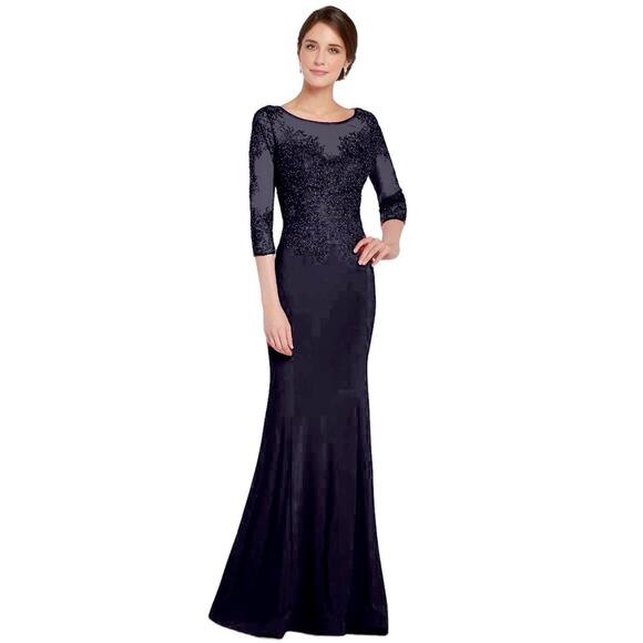 NWT ARTIZTA GOWN Women’s Size 16 Navy Blue LACE 3/4 Sleeve EMBELLISHED CHIFFON - Picture 1 of 10